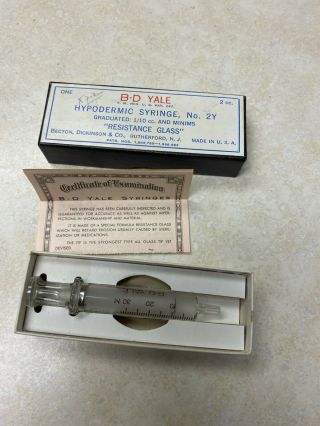 Vintage B - D Yale 2y Glass Hypodermic Syringe/needle 2cc,  Resistance Glass,