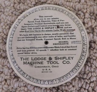 Lodge & Shipley Machine Tool Cutting Feed And Speed Circular Computer - 1913