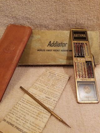 Arithma Addiator Adding Machine Calculator Box Instructions Case Stylus Brass 2