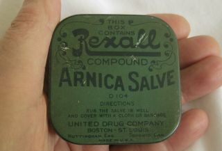 1930s ARNICA SALVE TIN Vintage REXALL UNITED DRUG CO.  Compound D104 2