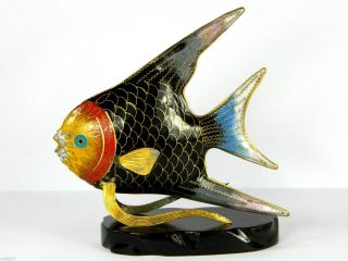 Vintage Black Cloisonne Copper Brass Enamel Tropical Sea Fish Statue Figurine