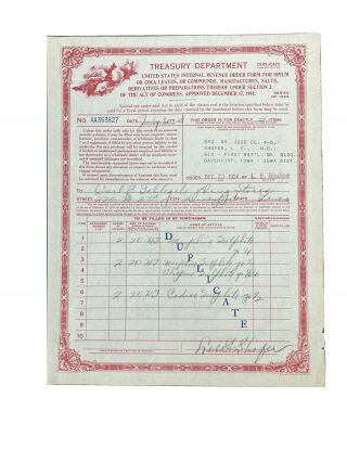 1928 Us Treasury Duplicate Order Form Opium Coca Leaves Davenport Ia Drug Store