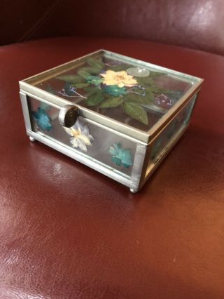 Vintage Glass & Pewter Trinket/jewelry Box,  Hinged Lid,  Dried Flowers,  Footed