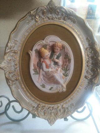 Vintage,  Pair Victorian Wall Hanging Plaques,  With 3 - D Young Man,  & Lady,  Bisque