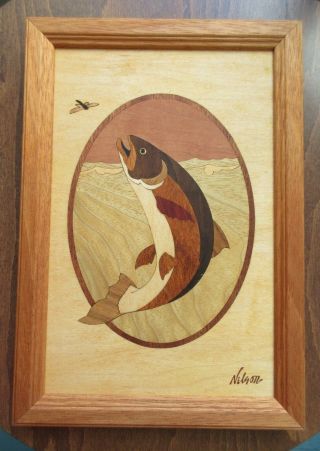 Vintage Hudson River Inlay Trout Exotic Woods Art Picture Marquetry 6.  75 X 9.  75