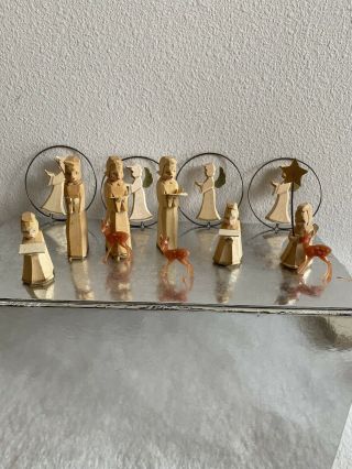 Vintage Set Of 10 Erzgebirge Schnitzerei Figures Wood Carved Angels Ger