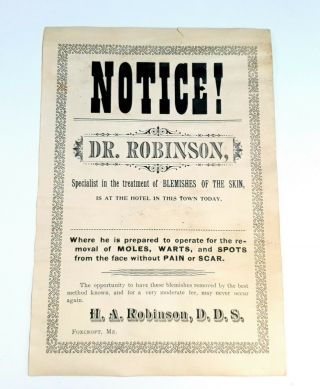 Old Paper Notice Dr.  Robinson In Town.  Foxcroft Me.  Maine Moles Warts Medical