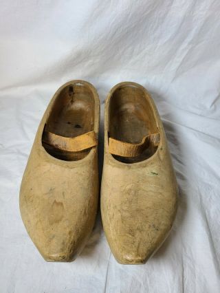 Vintage Dutch Carved Wood /wooden Clogs W/ Leather Strap Made In Holland