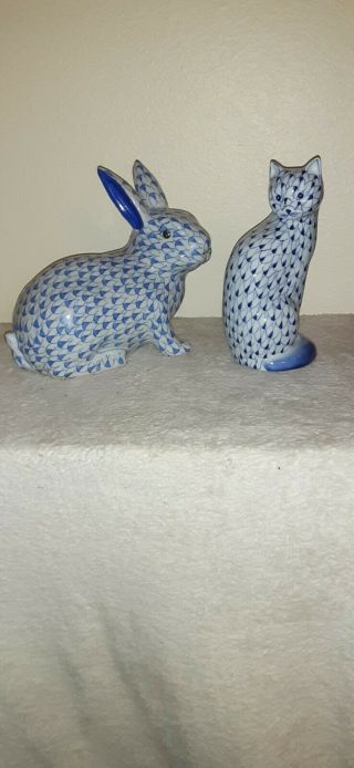 Andrea By Sadek Porcelain Cat W Rabbit Figurine Blue Fishnet Hand Painted