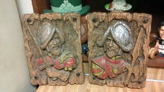 (2) Homco Spanish Conquistador Soldier Pictures,  15x11,  Wood Look,  Gd