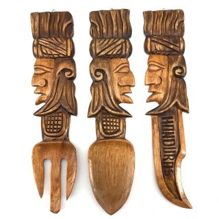 Decorative Wooden Tiki Head Carved Spoon Fork Knife Set Made In Honduras