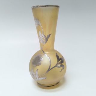 Art Nouveau Bud Vase Sterling Overlay Unsigned 4.  5 " Tall Iridescent Glass