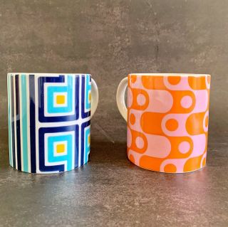 2 - Jonathan Adler Coffee Mug White Ceramic W/ Orange & Magenta Geometric Pattern