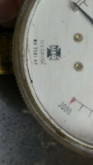 Vintage US Gauge Co.  Pressure Gauge - 3” Brass 3,  000 PSI Made in USA 2