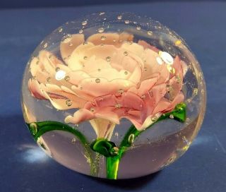Vintage Rose Art Glass Paperweight With Pink Rose And Bubbles In The Glass