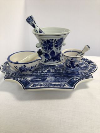 Vintage Blue And White Porcelain Delft Mortar And Pestle Miniature