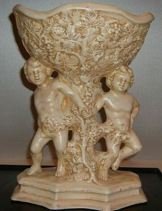 Vtg Cherubs Angels Baroque Ceramic Compote Planter Vase Artisan Signed 1974