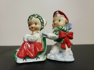 Vintage Lefton Boy And Girl With Sled.  1555 Salt And Pepper Shakers Christmas