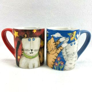 Debi Hron Set Of 2 Mugs Coffee Cups Cats 2010 Gibson Everyday Stoneware Red Blue