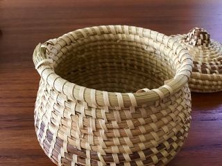 Vintage Gullah Sweetgrass Basket with Lid Low Country Coil Hand Made 6 