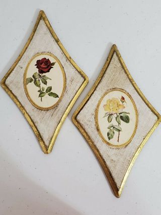 Vintage Gold Italian Florentine Wood Diamond Shaped Rose Picture Wall Art Great