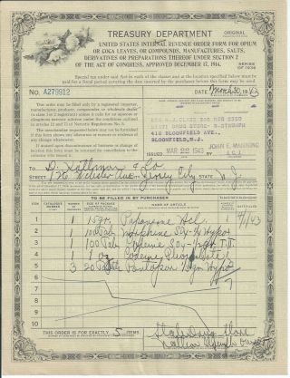 Treasury Department Opium Coca Leaves Form 1943 Issued For Morphine Codeine