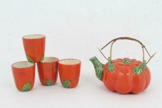 Vintage Occupied Japan Pumpkin Tea Pot With 4 Cups