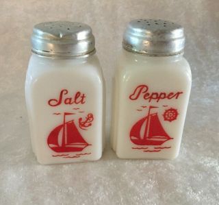 Vintage Mckee Milk Glass Sailboat Salt & Pepper Set Art Deco Roman Arch