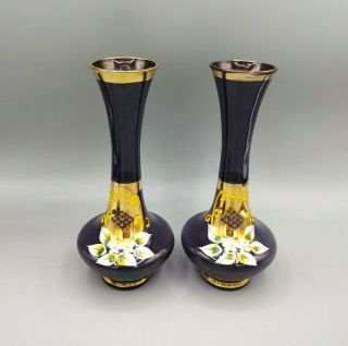 Vtg Set 2 Star Japan Amethyst Glass Hand Painted White Enamel Floral Bud Vases
