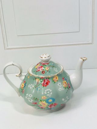 Grace Tea Ware Green Floral Teapot Gold Accented Shabby Cottage Chic Tea Party