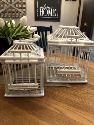 Set Of 2 Vintage Boho Bamboo Wicker Rattan Bird Cage Birdhouses