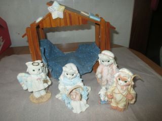 1994 Calico Kittens Nativity Enesco Priscilla Hillman 4 Piece Set With Wagon