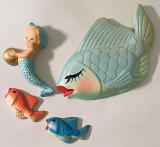 Vintage Chalkware Fish And Mermaid W Bubble Wall Hanging Set Of 4 Plaster