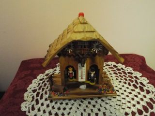 German Weather House With Wooden Couple Hand Painted Flowers And Thermometer