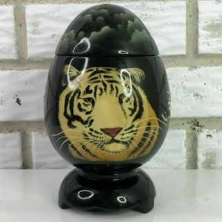 Vintage Black Egg Shaped Footed Trinket Lidded Box Hand Painted Tiger Asian
