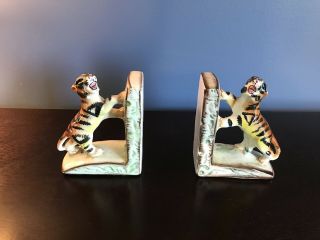 Vintage Tiger Bookends Ceramic Made In Japan 6” Tall 5” Long.  In