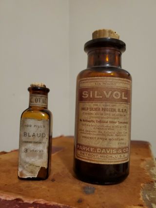 Vintage Pharmacy / Apothecary Amber Bottles - 1906 Blaud & Silvol With Labels