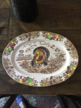 Vintage X Large Thanksgiving Christmas Turkey Platter Hand Painted 16”x 12”
