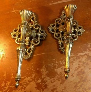2 Vintage Cast Metal Wall Sconce Candle Holder Ornate Heavy Gold
