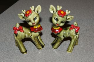 2 Vintage Ceramic Reindeer Deer Buck Christmas Figurines Made In Japan