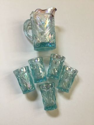 Vintage Childs Carnival Glass Pitcher Tumblers Blue Peacock