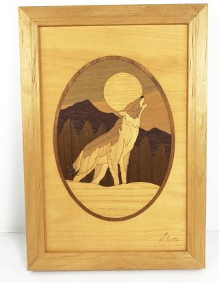 Hudson River Inlay Marquetry Wooden Howling Wolf Picture Signed Nelson 9x6 73