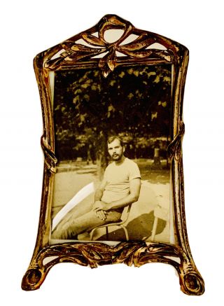 Antique Vintage Art Nouveau Metal Picture Frame Convex Glass Easel Stand