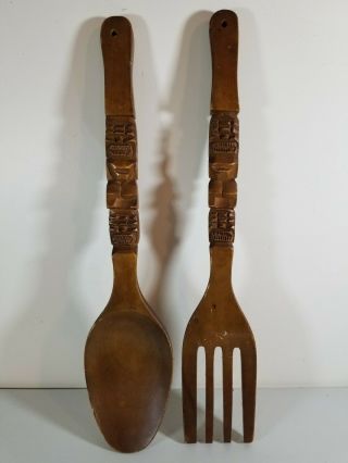 Vtg Hand - Carved Wooden Fork And Spoon Wall Decor 23” Wood Tiki Totem Carved Rare