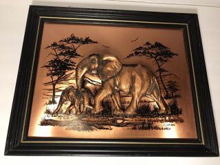 John Louw 3d Copper Art Picture Elephants Picture With Wood Frame 16 " X 14 "