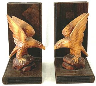 Vintage Wood Carved American Eagle Bookends Mid Century