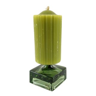 Mid - Century Danish Modern Dansk Green Glass Pillar Candle Holder W/ Orig Candle