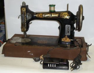 Antique Florence Rotary Sewing Machine With Case & Pedal Runs Well Light