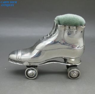 Antique Rare Solid Sterling Silver Roller Skate Pin Cushion S&co Birmingham 1909