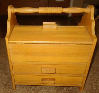 Vintage Wood Sewing Notions Cabinet Craft Knitting Storage Stand Flip Top Lids